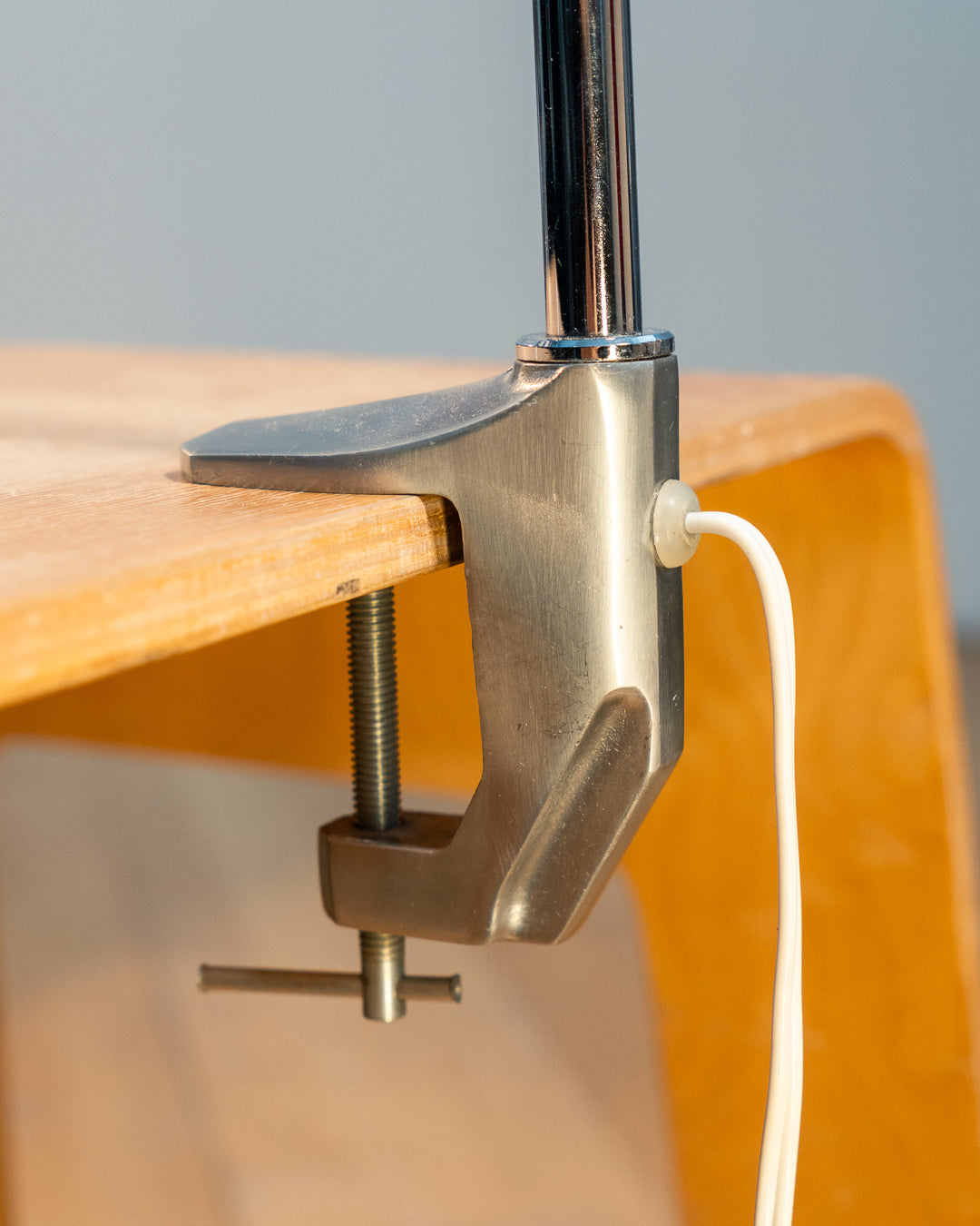 Vintage 1970s Aluminor eyeball clamp lamp with chrome shade, brushed steel finish, and flexible gooseneck. Made in France.
