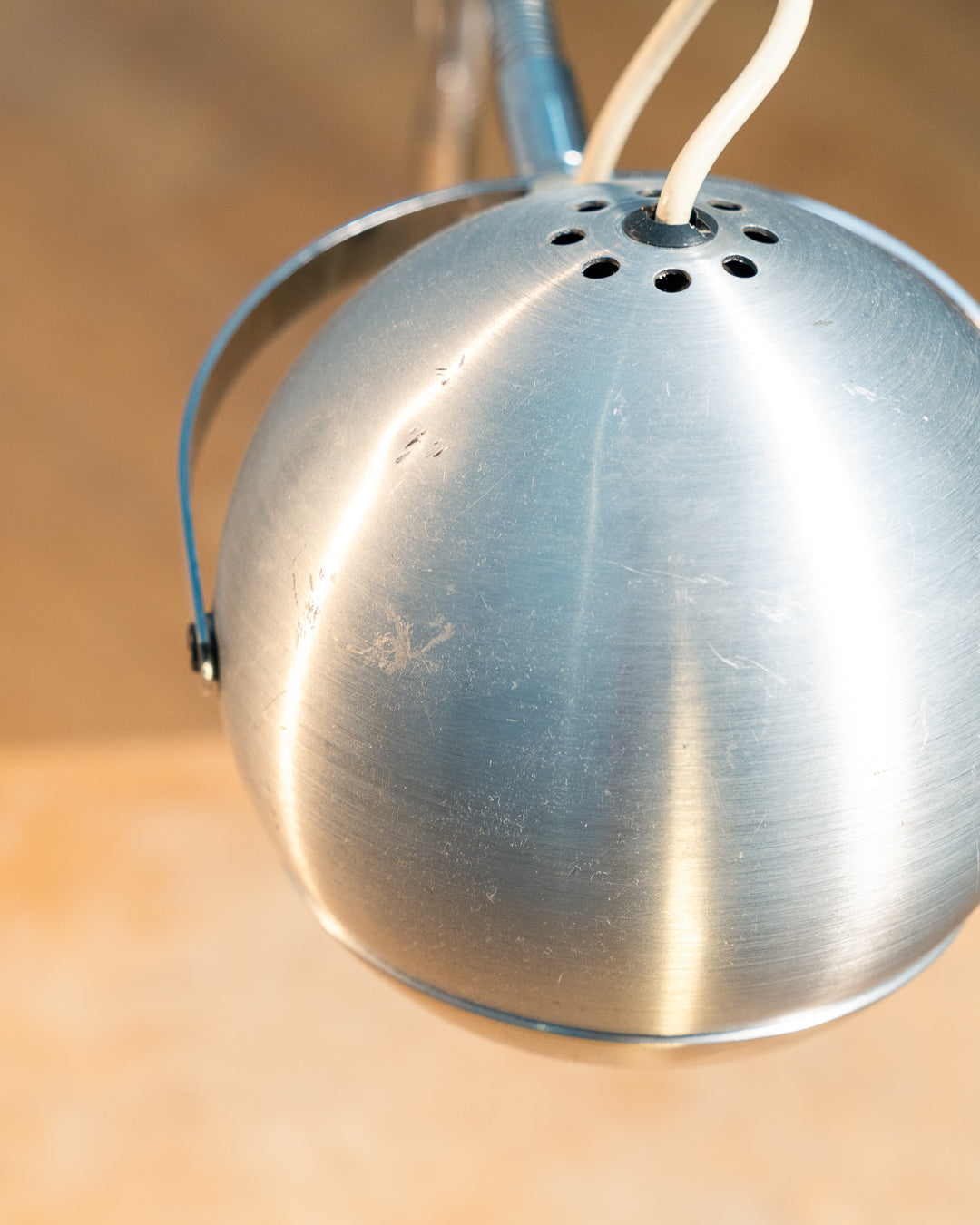 Vintage 1970s Aluminor eyeball clamp lamp with chrome shade, brushed steel finish, and flexible gooseneck. Made in France.