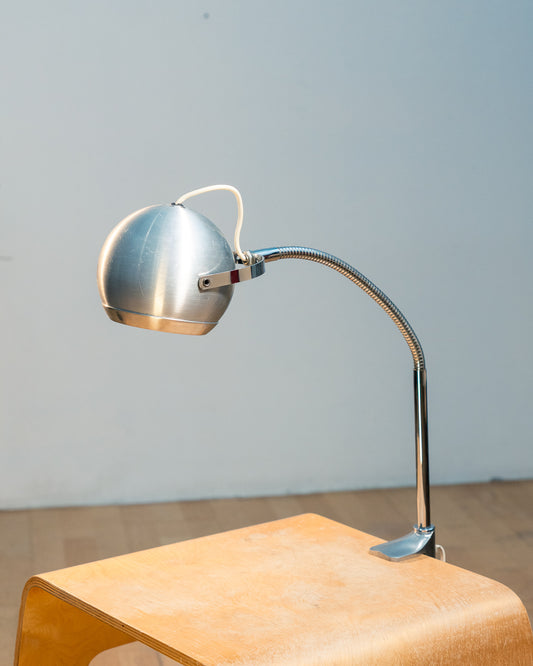 Vintage 1970s Aluminor eyeball clamp lamp with chrome shade, brushed steel finish, and flexible gooseneck. Made in France.