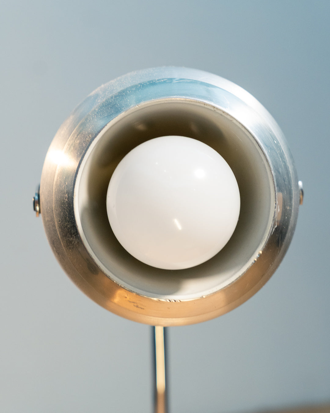 Vintage 1970s Aluminor eyeball clamp lamp with chrome shade, brushed steel finish, and flexible gooseneck. Made in France.
