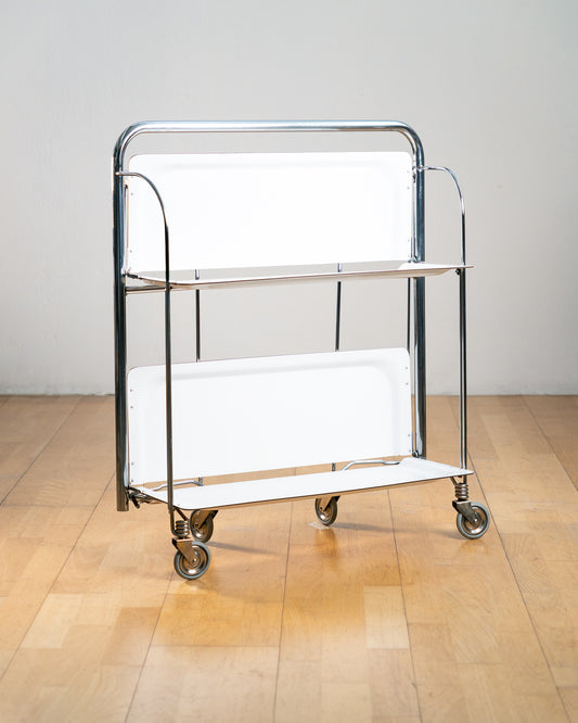 Vintage 1960s Raquer white folding trolley with  Formica shelves and chrome details. Bar Cart, drinks trolley. Mid Century Modern. Vecino Shop