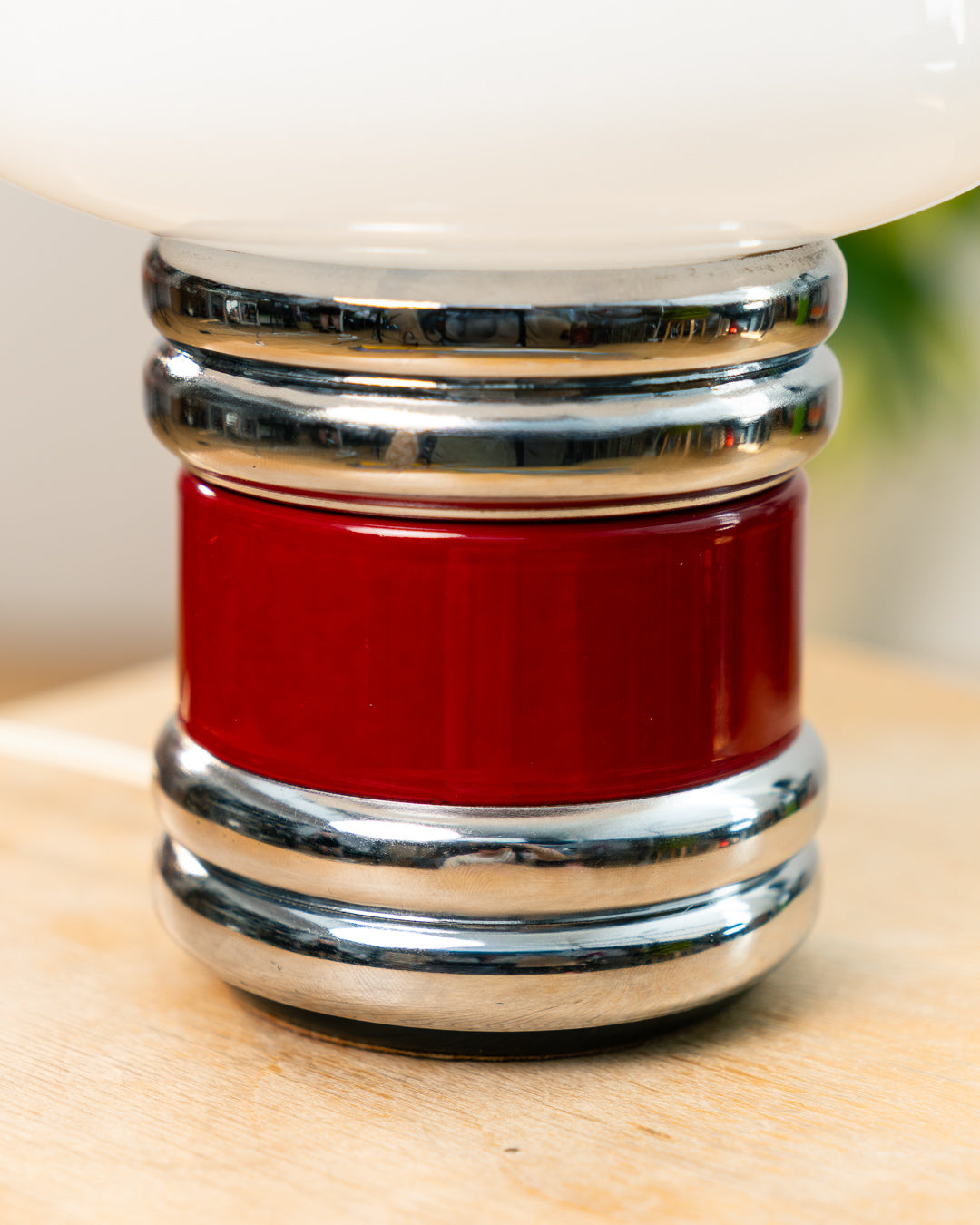 Vintage Space Age opaline mushroom desk lamp from the 1970s with chrome banded base and red enamel detail. Vecino Shop