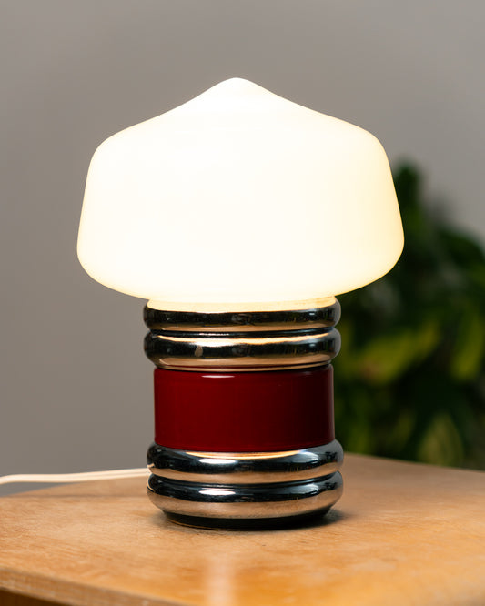 Vintage Space Age opaline mushroom desk lamp from the 1970s with chrome banded base and red enamel detail. Vecino Shop