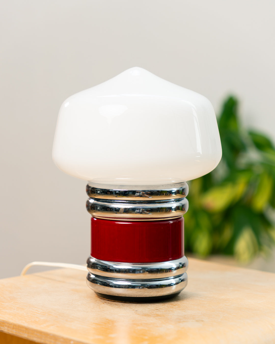 Vintage Space Age opaline mushroom desk lamp from the 1970s with chrome banded base and red enamel detail. Vecino Shop