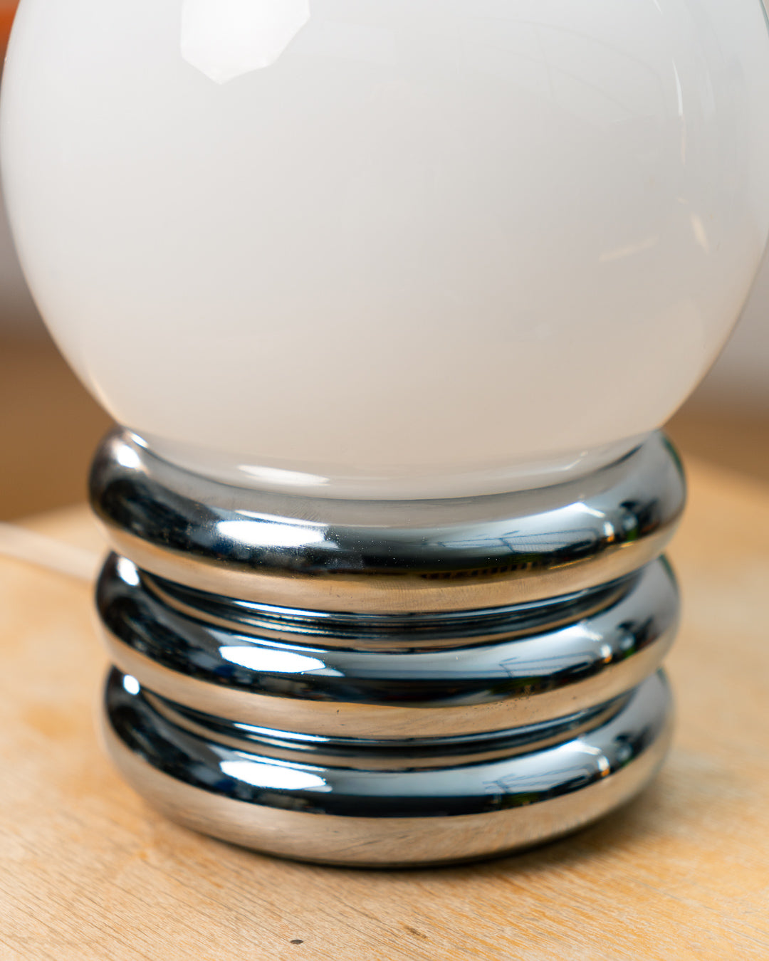 Vintage 1970s opaline orb table lamp with 3-banded chrome base, Space Age design. Mid Century ambient lighting, Vecino Shop