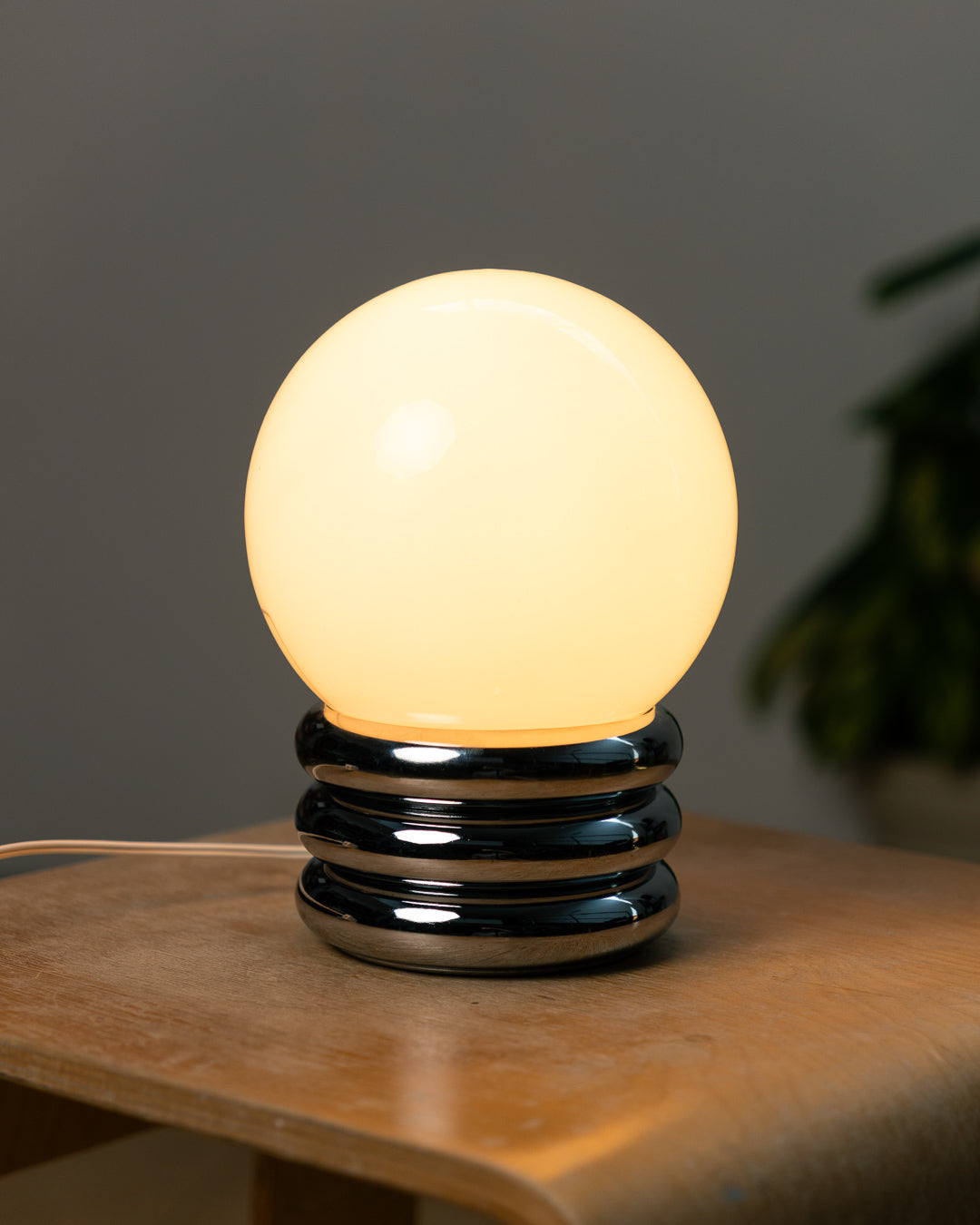 Vintage 1970s opaline orb table lamp with 3-banded chrome base, Space Age design. Mid Century ambient lighting, Vecino Shop