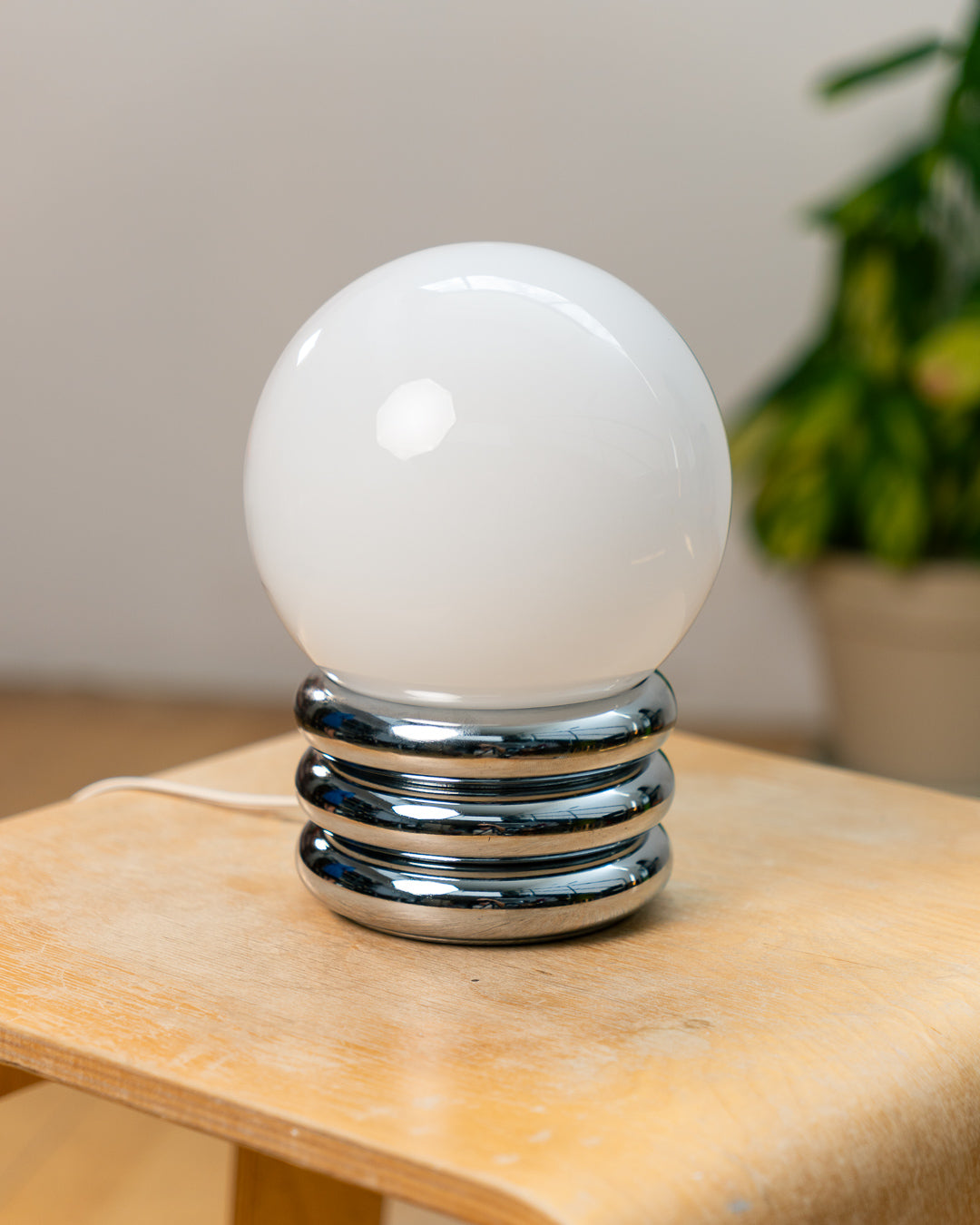 Vintage 1970s opaline orb table lamp with 3-banded chrome base, Space Age design. Mid Century ambient lighting, Vecino Shop