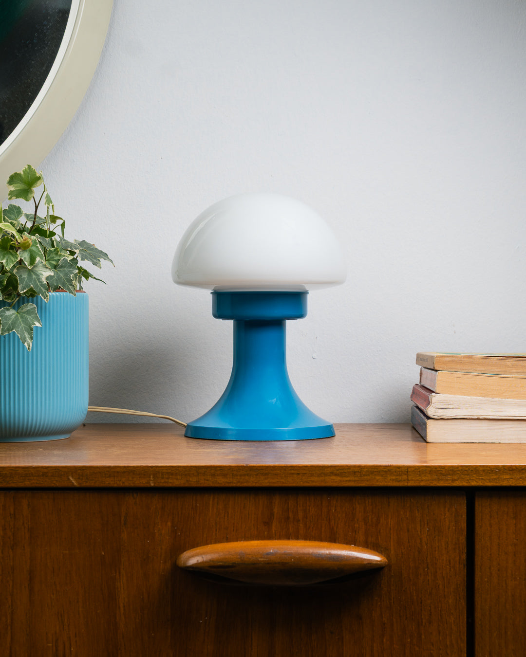 Vintage Industrias Guel blue mushroom lamp with white opaline glass shade – Vecino Shop