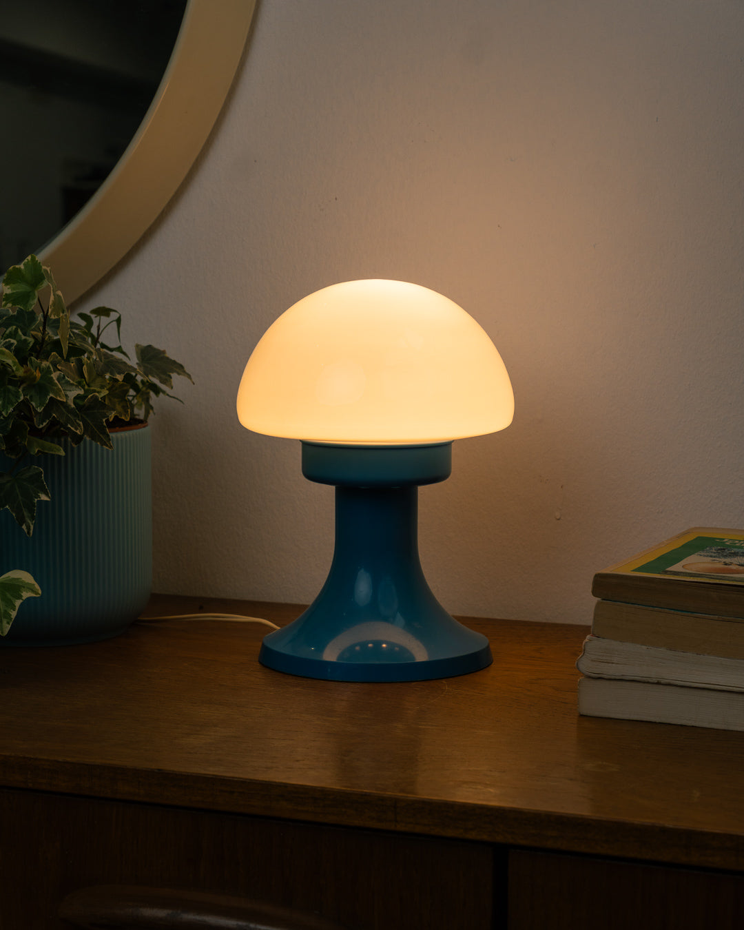 Vintage Industrias Guel blue mushroom lamp with white opaline glass shade – Vecino Shop