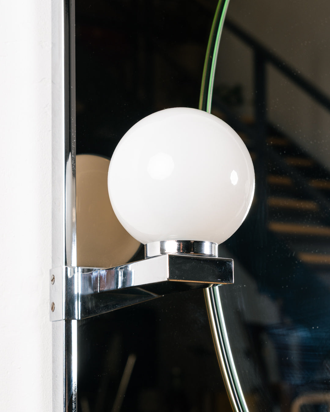 Vintage Space Age smoked black glass bathroom set from the 1970s with illuminated mirror, opaline globe sconces, shelf, acrylic towel holder and soap holder. Vecino Shop