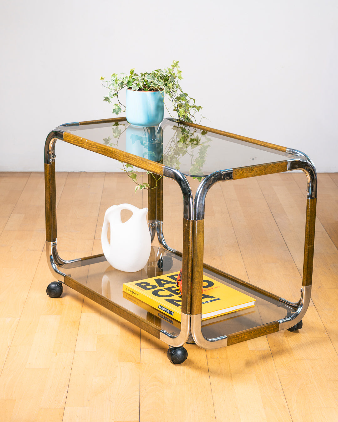 Vintage Miguelez Chrome & Wood Rolling Side Table – Spain 1970s