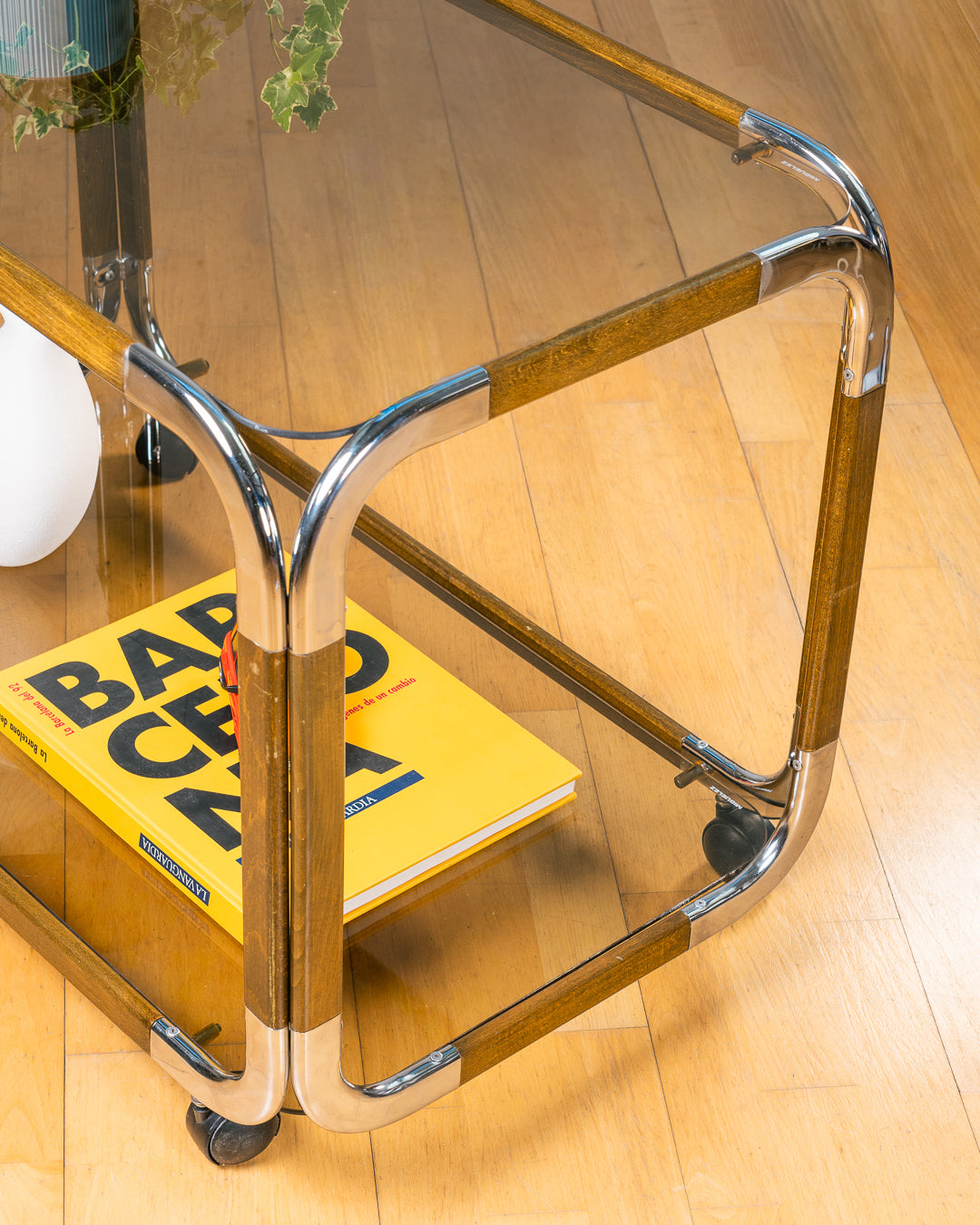 Vintage Miguelez Chrome & Wood Rolling Side Table – Spain 1970s