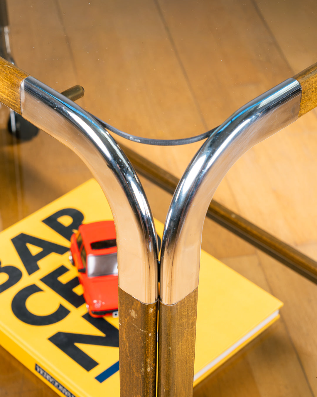 Vintage Miguelez Chrome & Wood Rolling Side Table – Spain 1970s