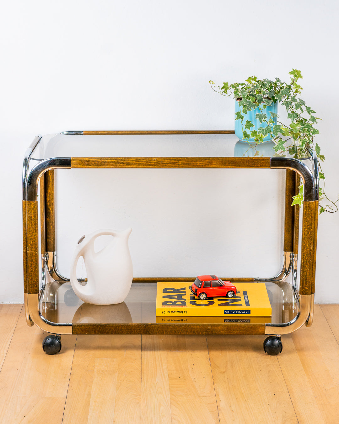 Vintage Miguelez Chrome & Wood Rolling Side Table – Spain 1970s