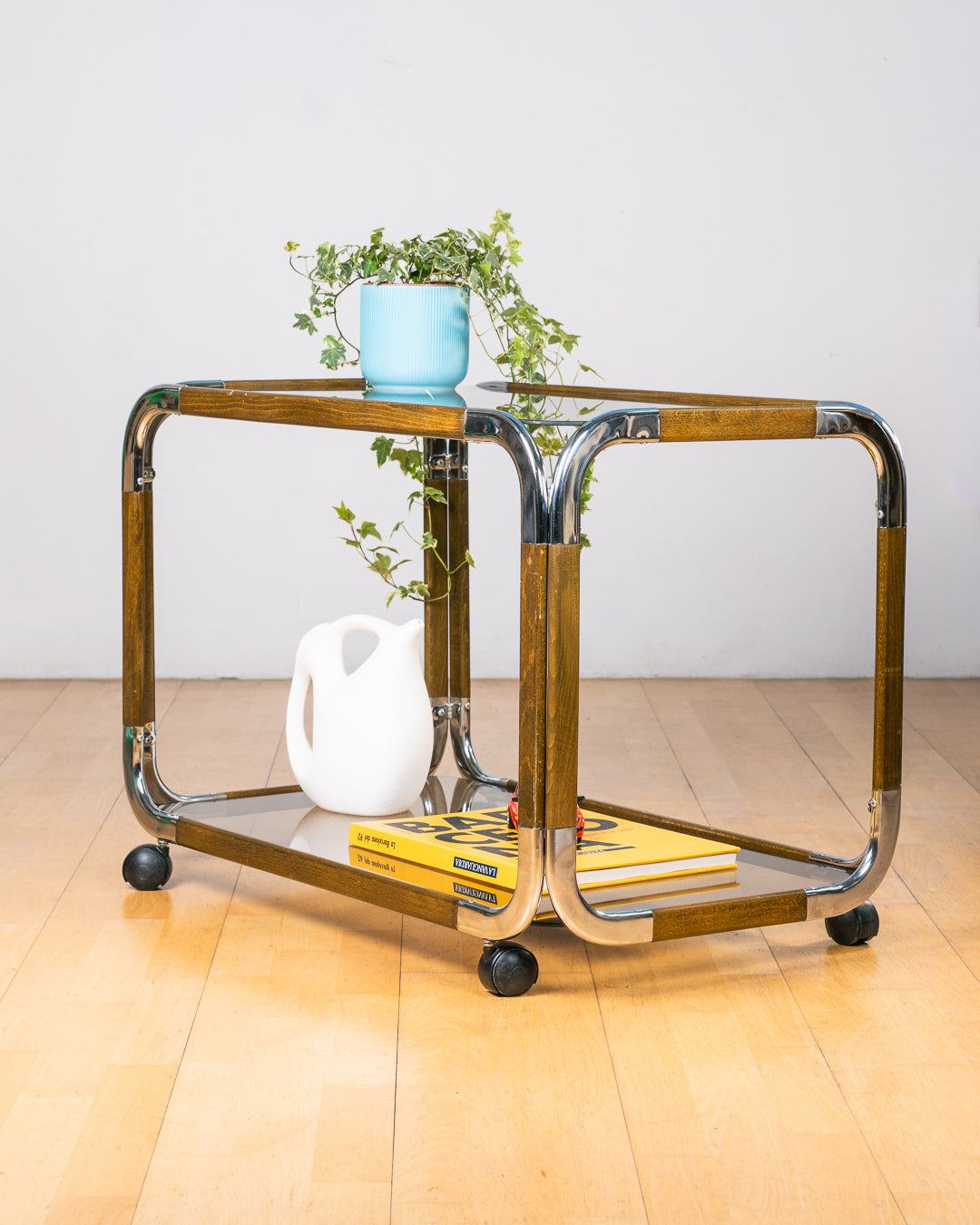 Vintage Miguelez Chrome & Wood Rolling Side Table – Spain 1970s