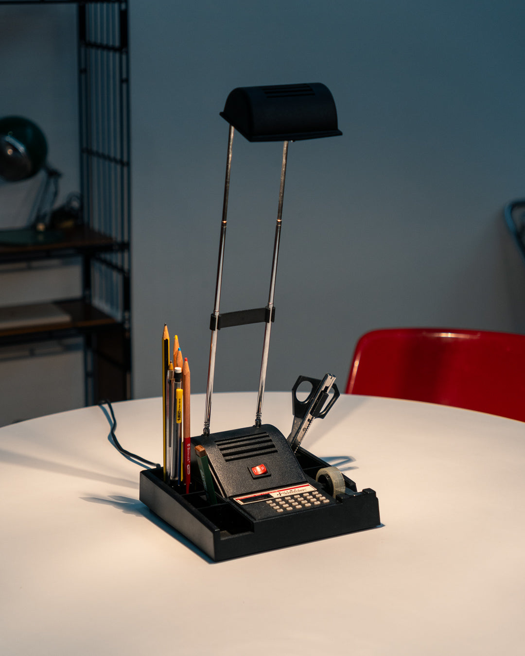 Vintage Autopi Barcelona telescopic desk lamp from the 1980s with organizer and built-in calculator. Vecino Shop
