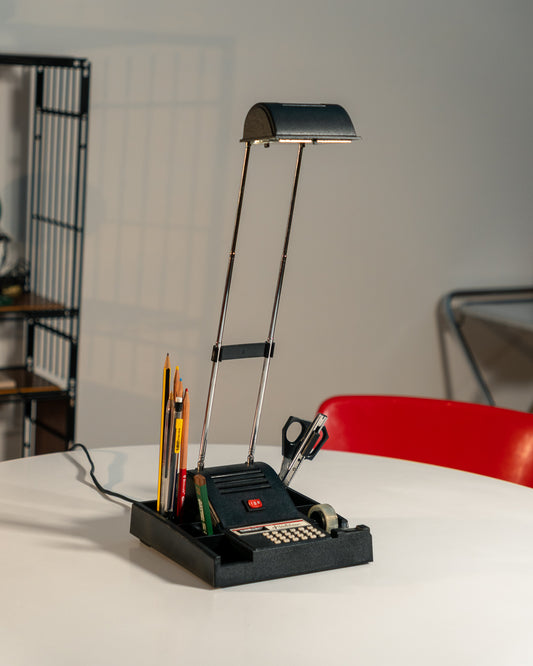 Vintage Autopi Barcelona telescopic desk lamp from the 1980s with organizer and built-in calculator. Vecino Shop