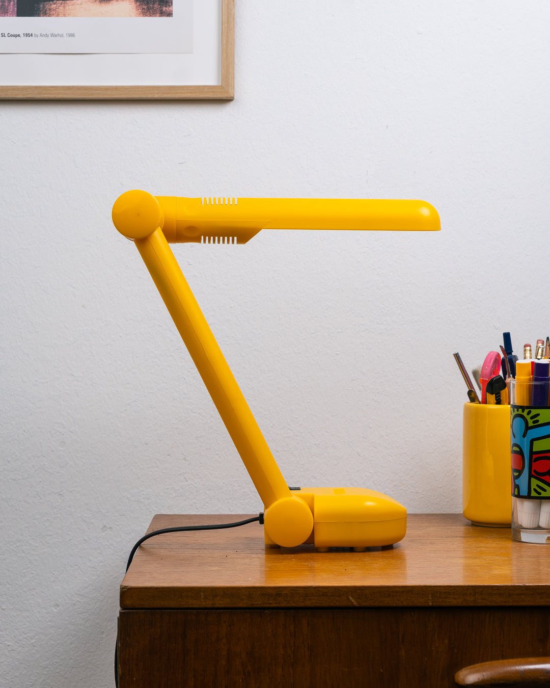 Vintage Luxenia yellow folding desk lamp from the 1990s in moulded plastic, articulated task light with original packaging – Vecino Shop