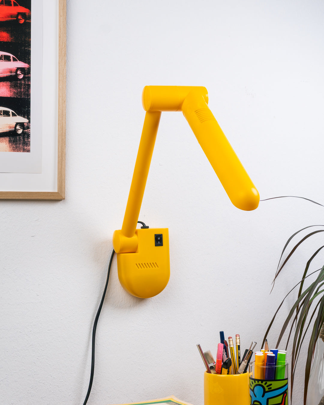 Vintage Luxenia yellow folding desk lamp from the 1990s in moulded plastic, articulated task light with original packaging – Vecino Shop
