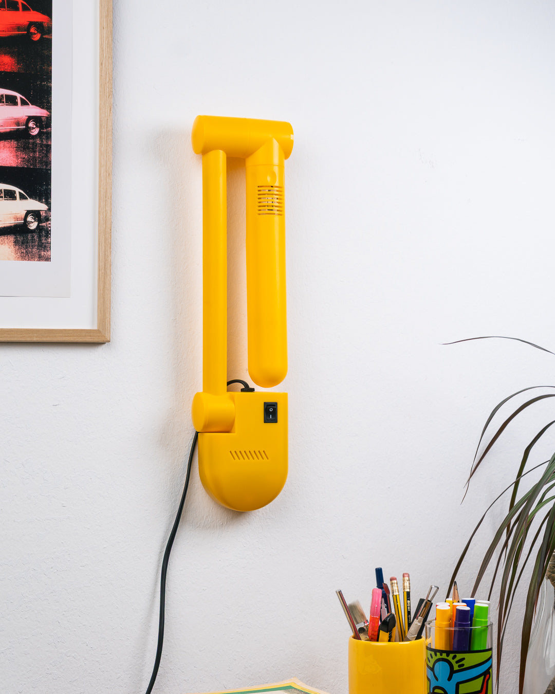 Vintage Luxenia yellow folding desk lamp from the 1990s in moulded plastic, articulated task light with original packaging – Vecino Shop