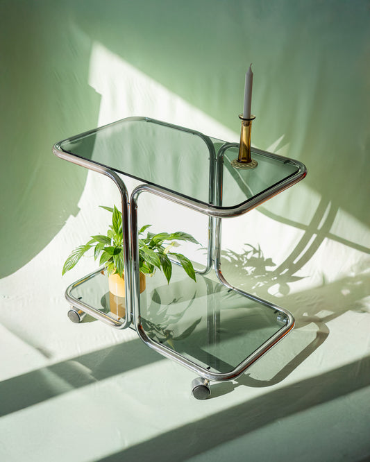 Vintage Mid-Century Modern Chrome Side Table with Glass Top – 1960s design, sleek chrome base with smoked glass top, excellent vintage condition.