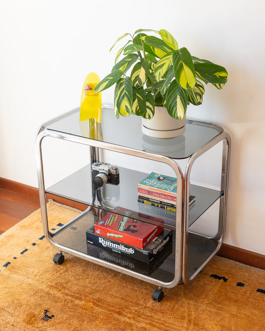 Vintage 1970s chrome and smoked glass 3-tier side table with flattened tubular frame – Vecino Shop