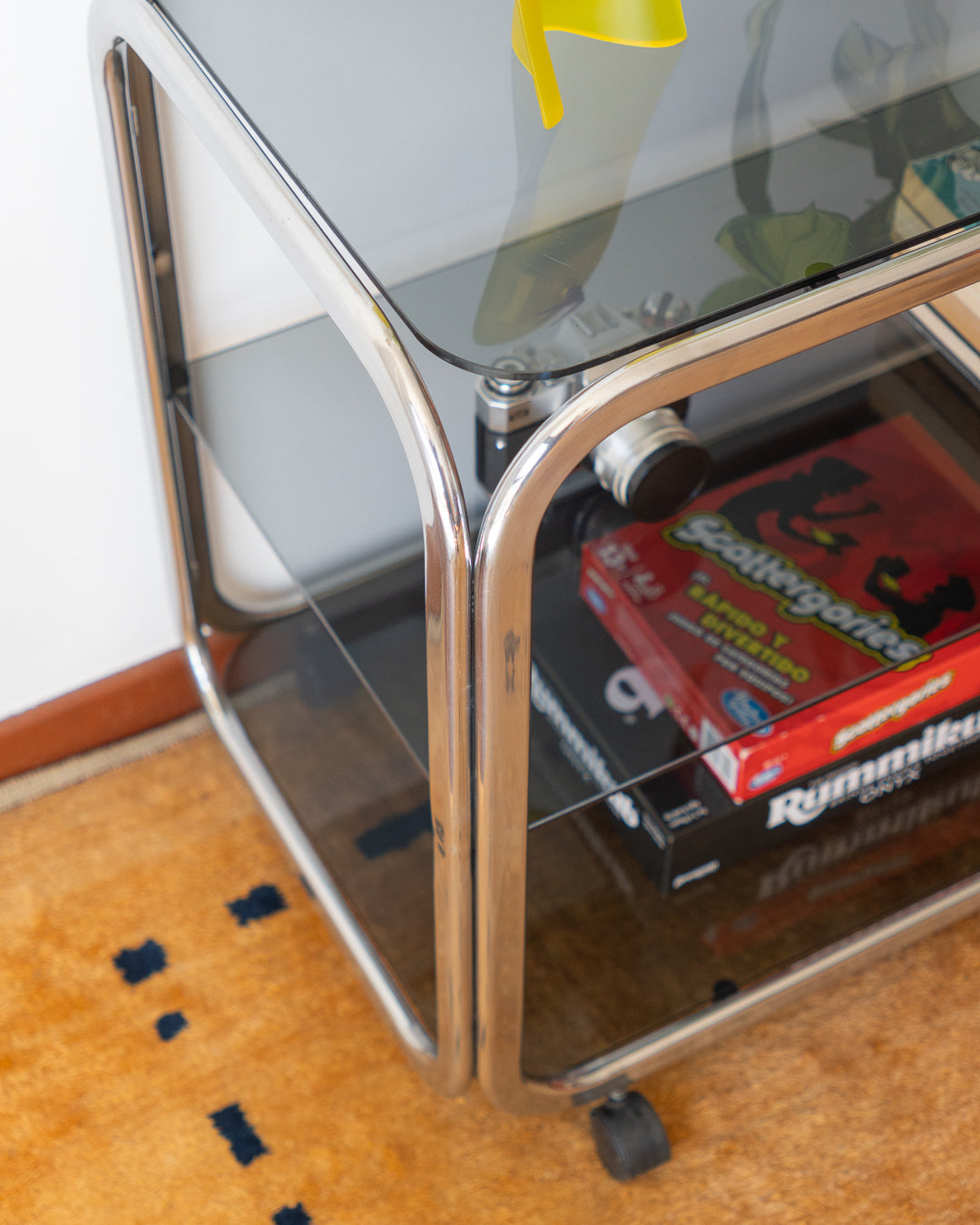 Vintage 1970s chrome and smoked glass 3-tier side table with flattened tubular frame – Vecino Shop