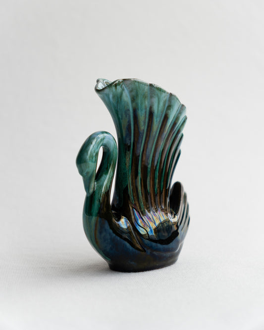 Vintage Blue Mountain Pottery swan-shaped vase with signature blue-green glaze and elegant mid-century modern curves, made in Canada - Vecino Shop