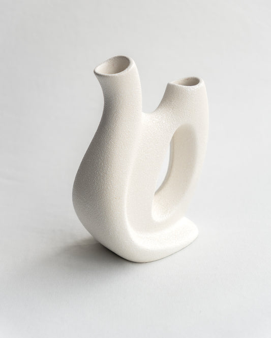 Vintage Italian double vase by Bertoncello with sculptural mid-century design, minimalist form, and textured ceramic glaze - Vecino Shop