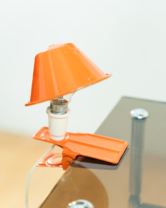 Vintage orange mushroom clip lamp, 1970s Spanish design with clip base and dome shade. Vecino Shop