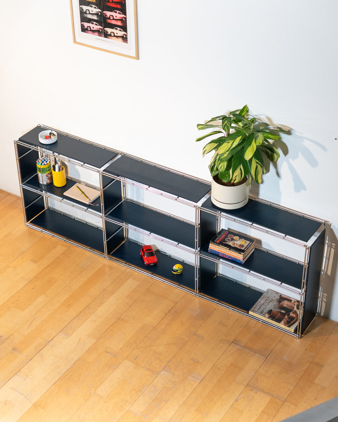 Rare 1960s Multistrux blue chrome modular shelving system with thirteen shelves, restored vintage design piece. Vecino Shop