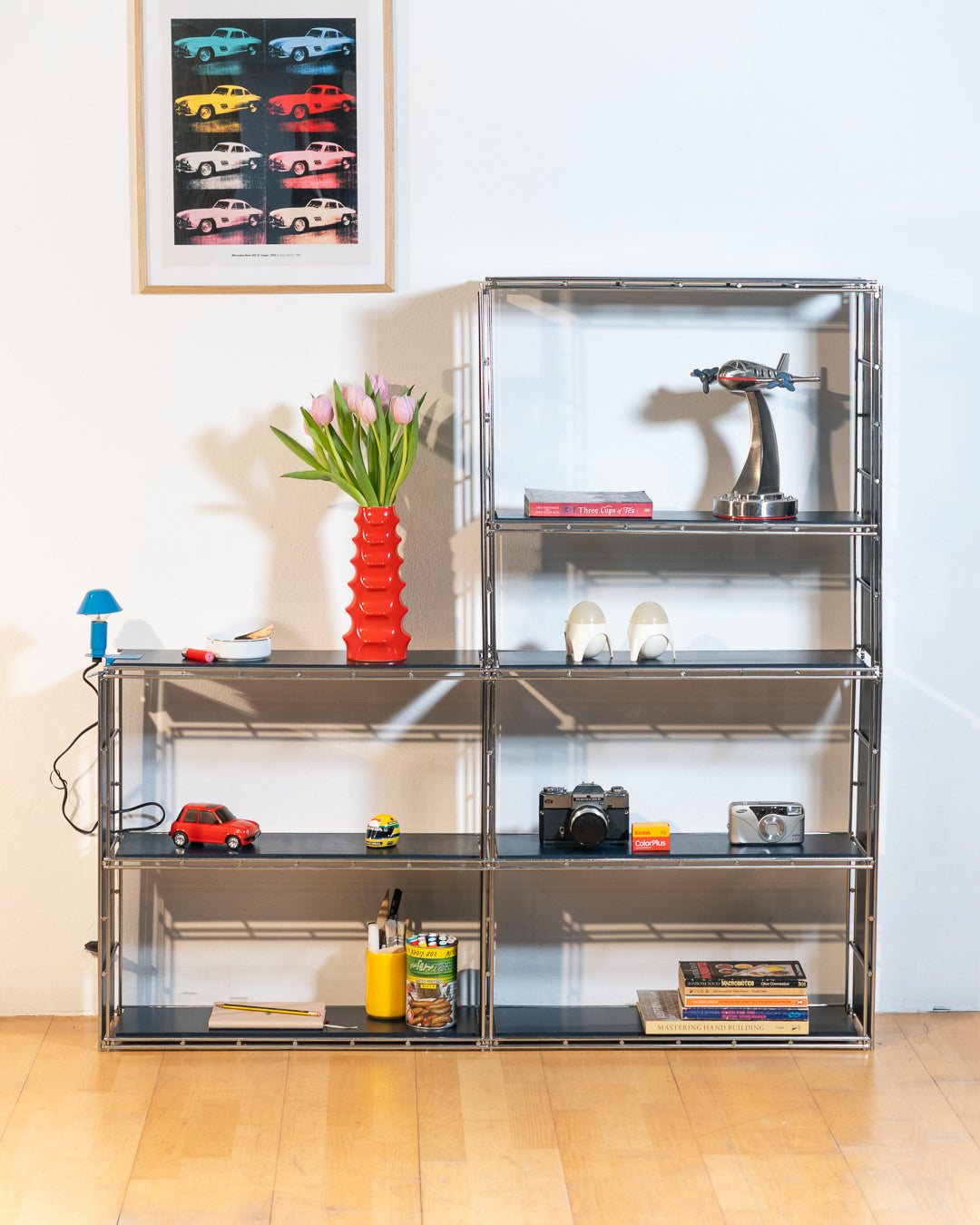 Rare 1960s Multistrux blue chrome modular shelving system with thirteen shelves, restored vintage design piece. Vecino Shop