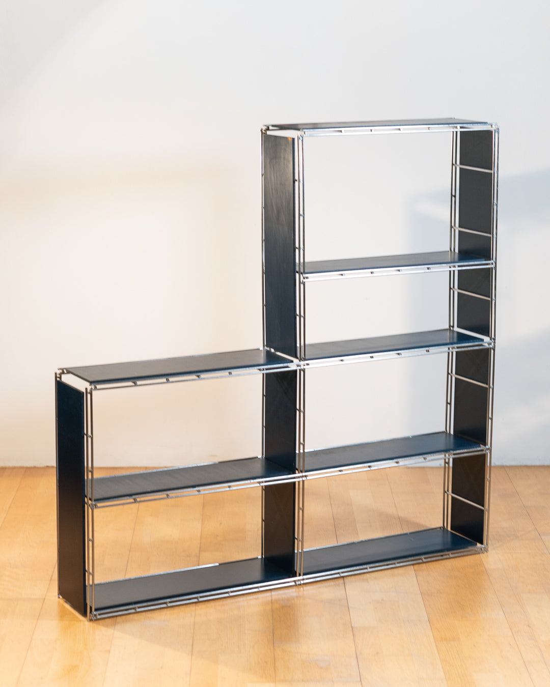 Rare 1960s Multistrux blue chrome modular shelving system with thirteen shelves, restored vintage design piece. Vecino Shop