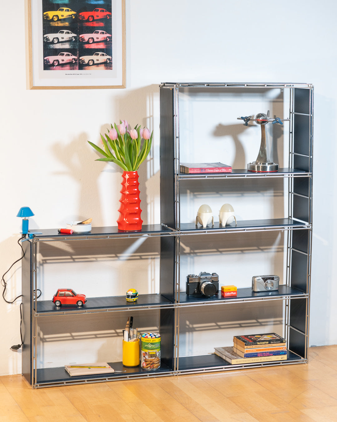 Rare 1960s Multistrux blue chrome modular shelving system with thirteen shelves, restored vintage design piece. Vecino Shop