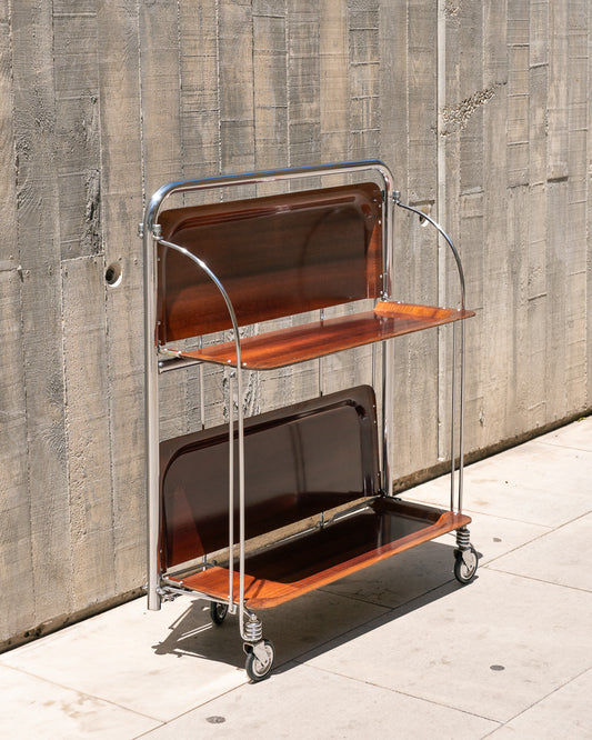 Raquer vintage folding bar cart from the 1960s in dark wood finish with lacquered metal frame and wheels – Vecino Shop