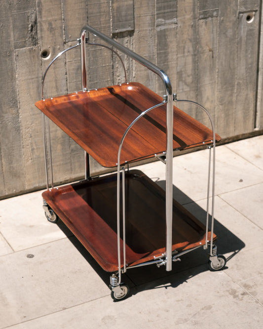 Raquer vintage folding bar cart from the 1960s in dark wood finish with lacquered metal frame and wheels – Vecino Shop