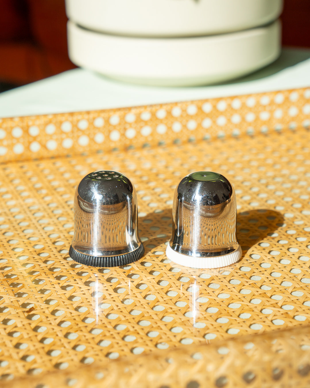 Vintage stainless steel salt and pepper shakers by Polaris Norway – 1970s Space Age chrome finish – Vecino Shop