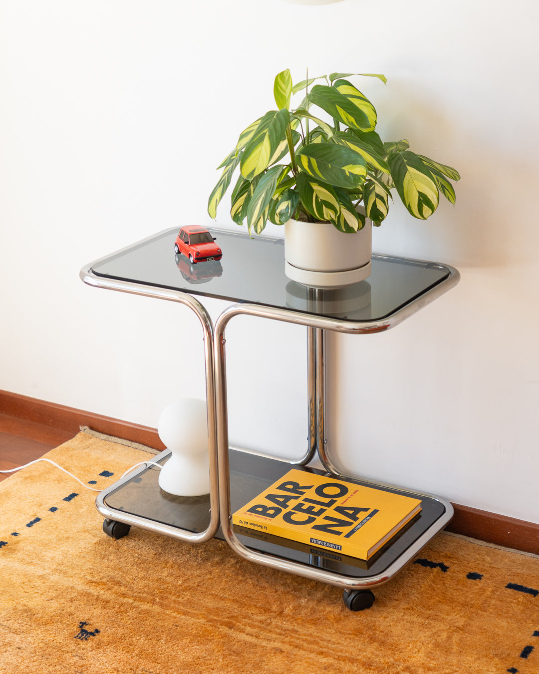 Vintage 1970s chrome and smoked glass 2-tier side table with tubular chrome frame – Vecino Shop