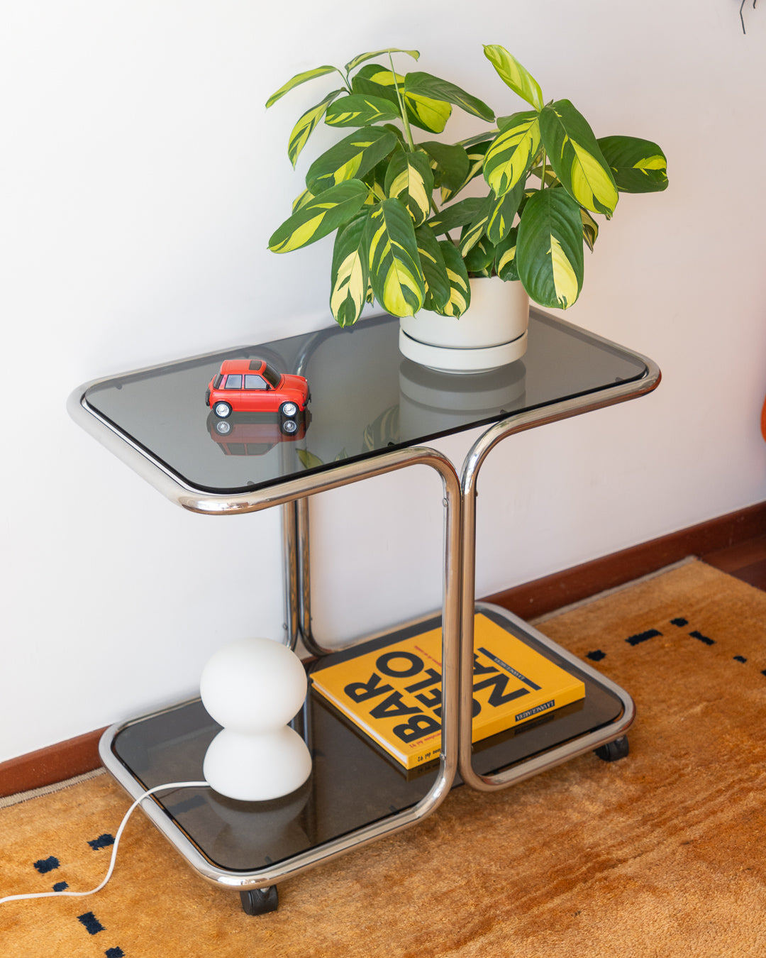 Vintage 1970s chrome and smoked glass 2-tier side table with tubular chrome frame – Vecino Shop