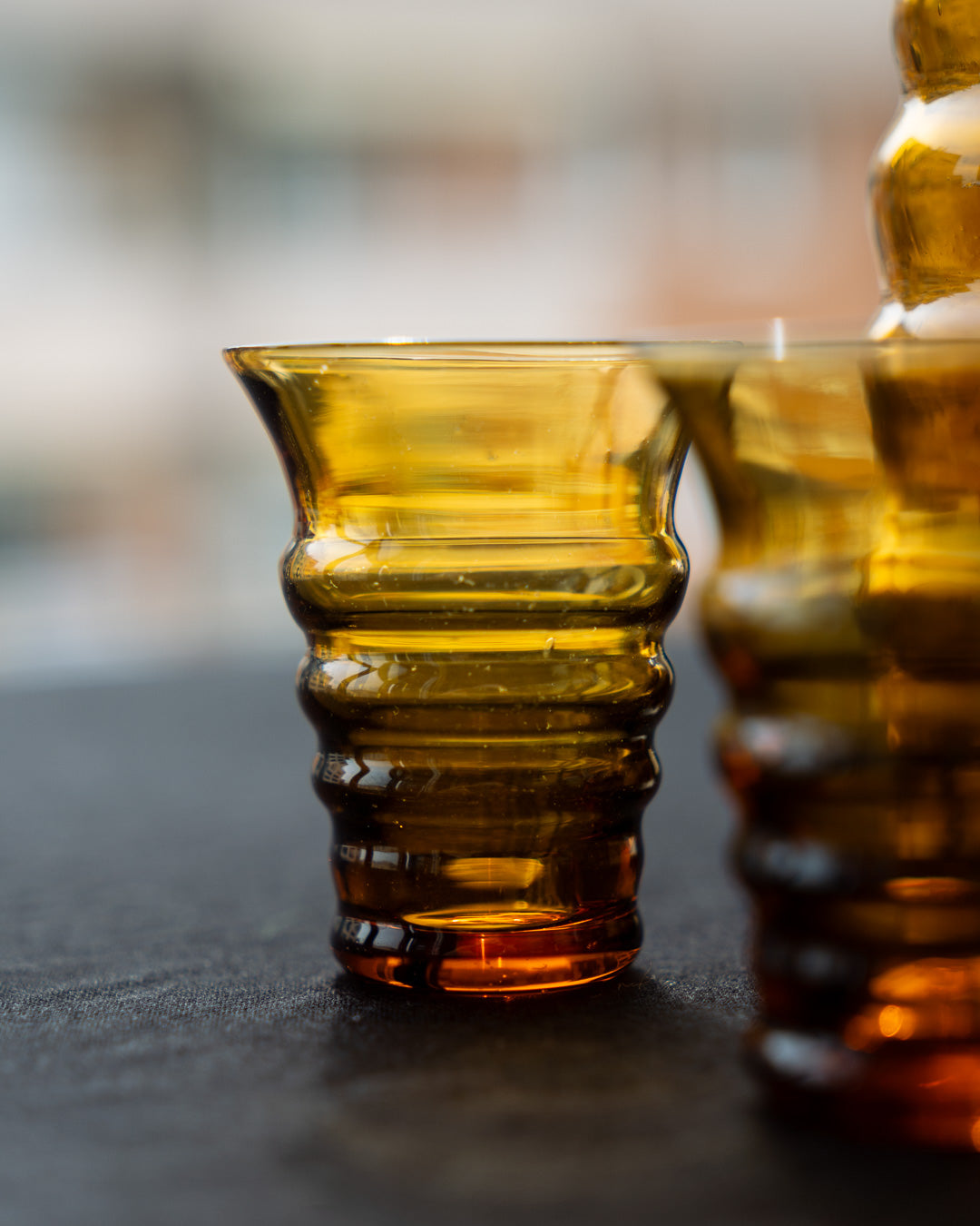 Vintage Amber Decanter and Shot Glass Set - Art Deco - MCM - Vecino Shop