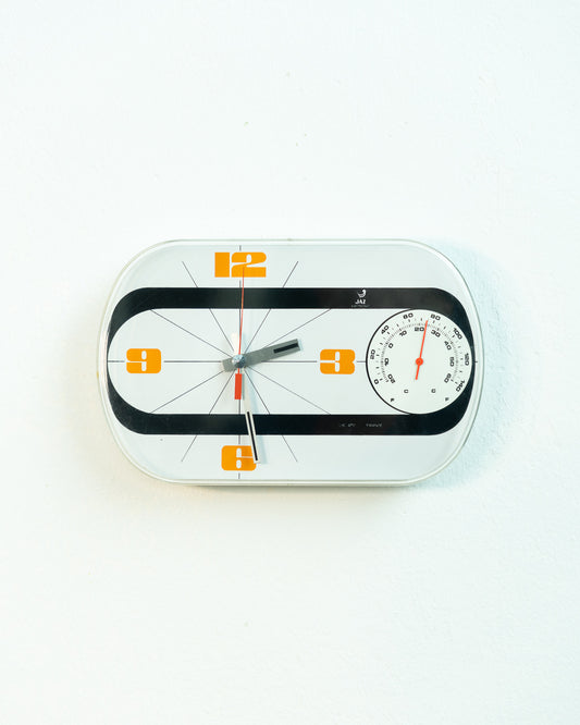 Vintage Jaz Electronic Thermic wall clock in white and orange with thermometer, 1975 French Space Age design. Vecino Shop