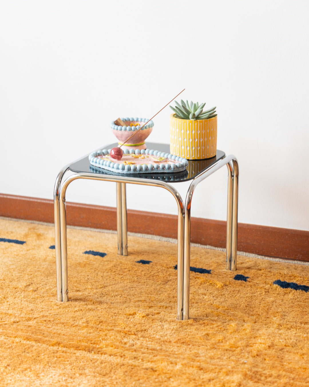 Retro Chrome & Black Glass Mini Side Table – 1970s Style