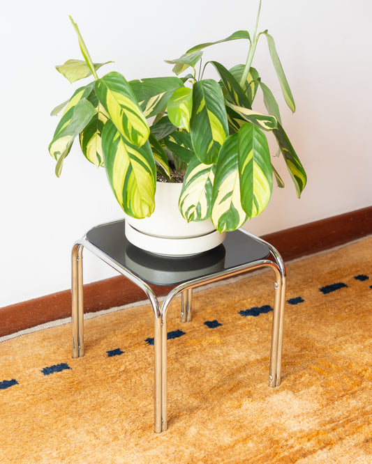 Retro Chrome & Black Glass Mini Side Table – 1970s Style