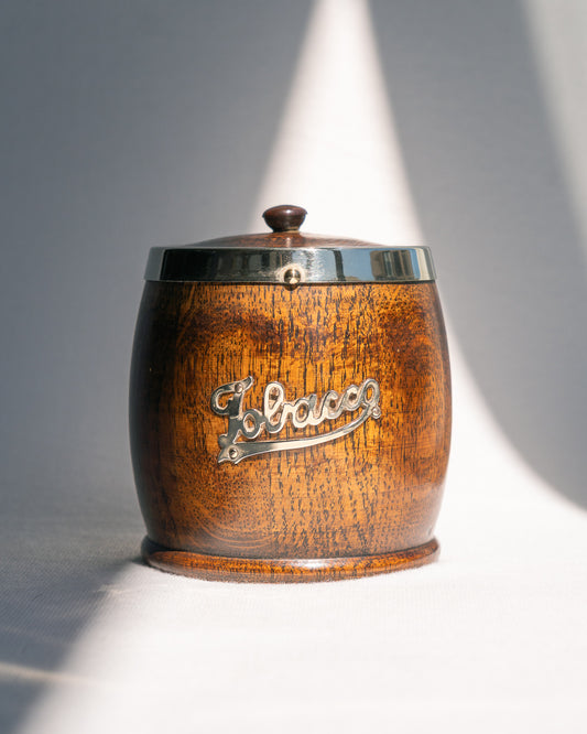 Diminutive vintage oak and brass tobacco jar with porcelain interior and EPNS lid – Vecino Shop