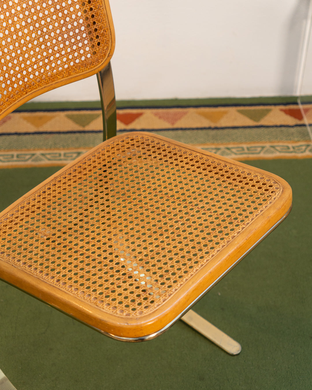 Rare 1970s vintage chair with golden metal frame, wooden seat and rattan backrest, iconic design – Vecino Shop