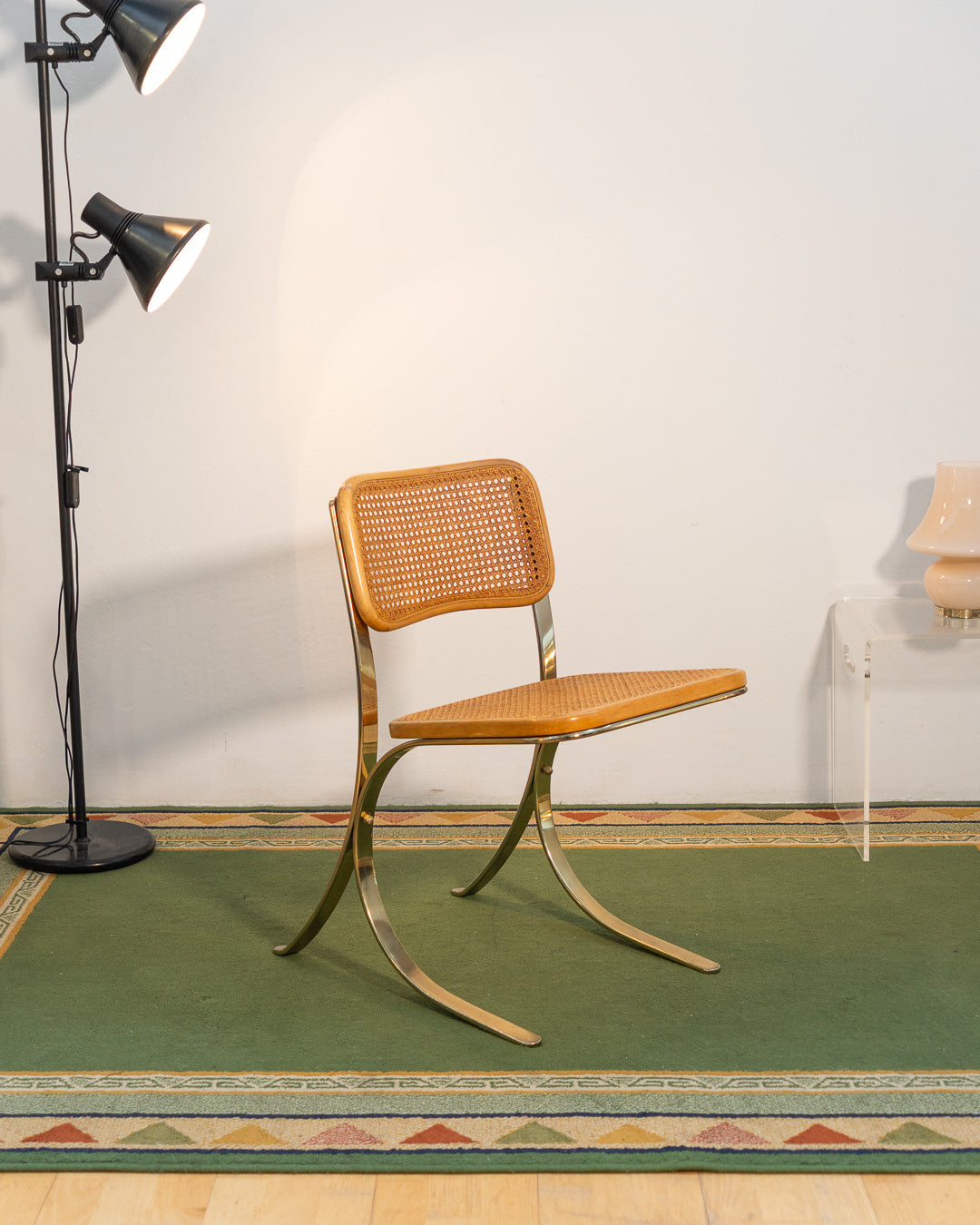 Rare 1970s vintage chair with gold metal frame, wooden seat and rattan backrest, iconic design – Vecino Shop