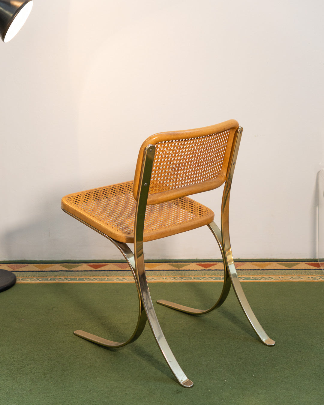 Rare 1970s vintage chair with gold metal frame, wooden seat and rattan backrest, iconic design – Vecino Shop