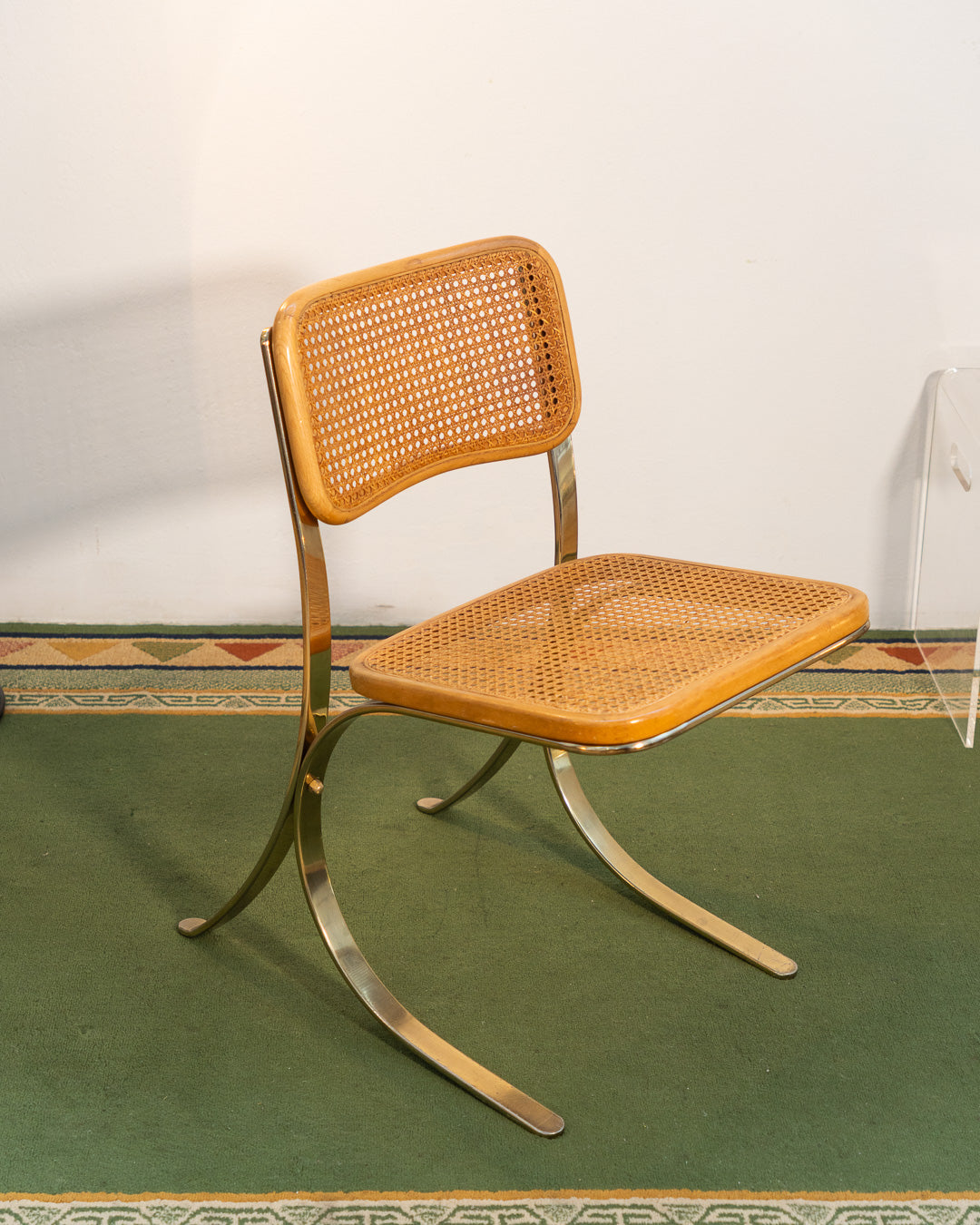 Rare 1970s vintage chair with gold metal frame, wooden seat and rattan backrest, iconic design – Vecino Shop
