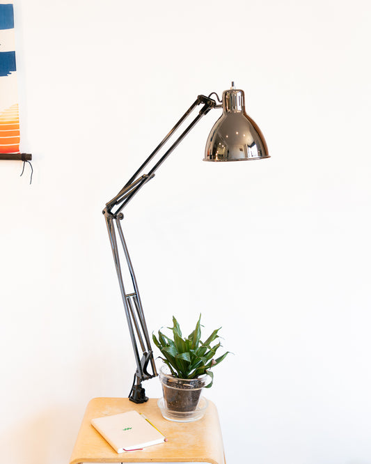 Vintage Metalúrgica architect desk lamp in dark chrome metal with articulated flexo arms, 1970s design