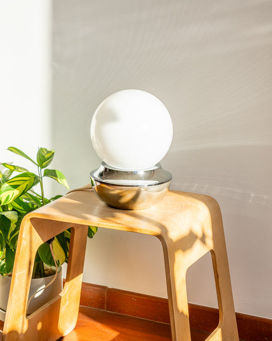 Vintage Space Age table lamp with opaline glass globe orb and chrome base, 1970s design